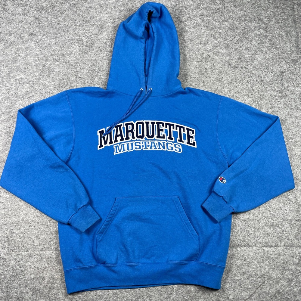 Marquette Mustangs Hoodie Mens M Blue Champion Eco Fleece Pullover Sweatshirt